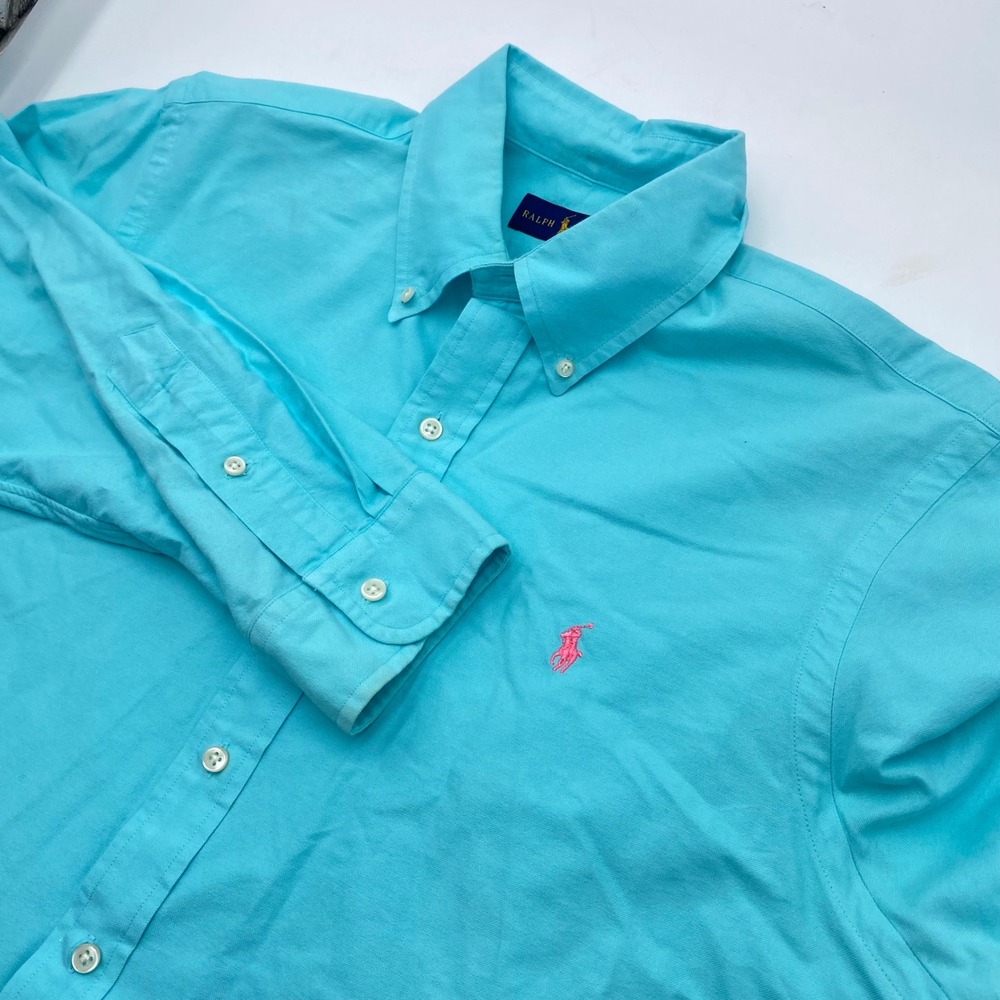 Ralph Lauren Oxford Button Down Shirt Mens Large Turquoise Blue Pink Pony Cotton